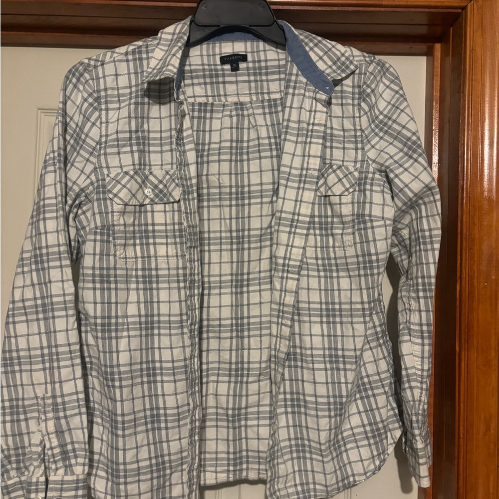 Talbots Gray and White Checkered Button Down Shirt
